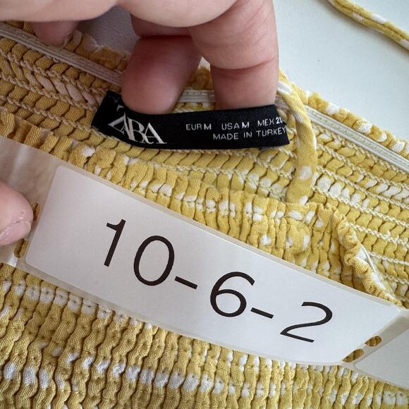 Zara Crop Top Womens Medium Yellow White Polka Dot Smocked Tie Strap Summer Cute - Picture 6 of 8